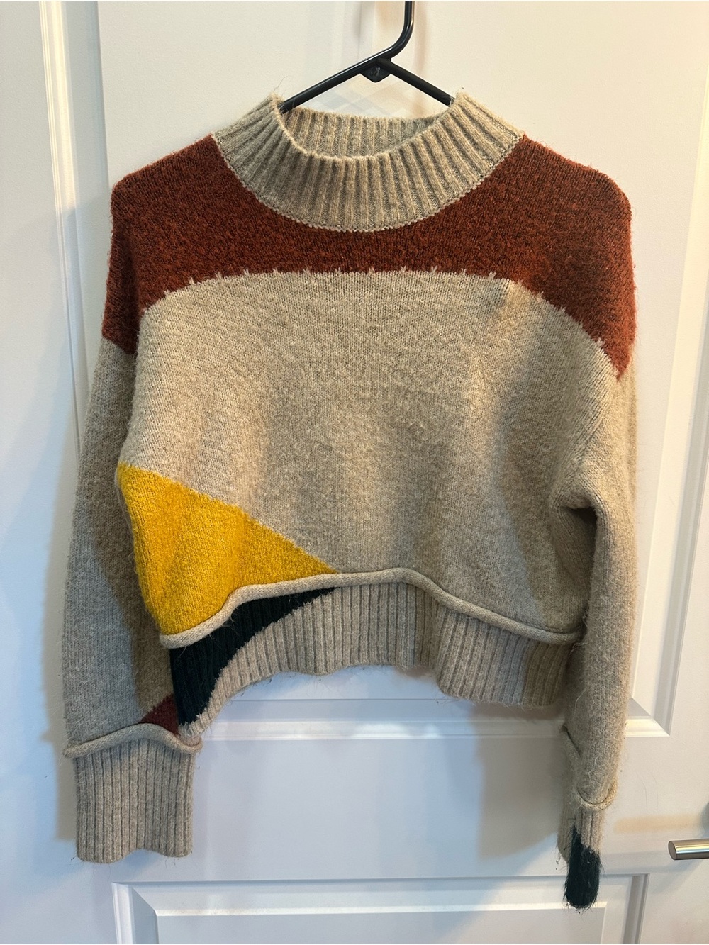 Lush Beige Crewneck Sweater with Rust, Yellow & Dark Green Colorblocks